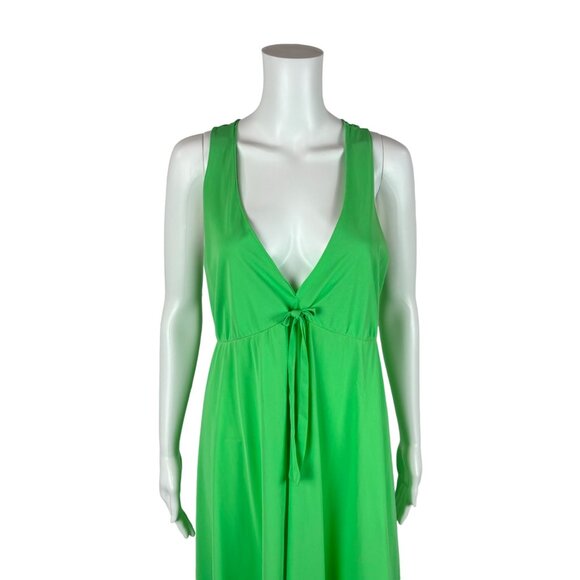 Vintage 70s Lime Nightgown Women's Medium Green Deep V Bow Neckline Racerback - Picture 3 of 11